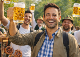 Mehrere Männer feiern Vatertag im Freien, stoßen mit Bierkrügen an und genießen bei sonnigem Wetter eine gesellige Atmosphäre.
