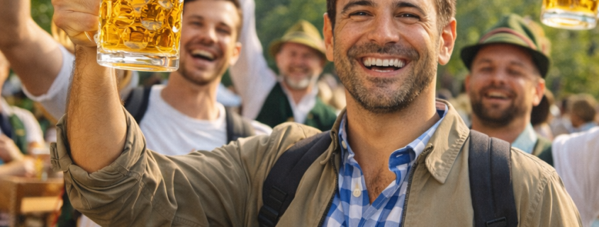 Mehrere Männer feiern Vatertag im Freien, stoßen mit Bierkrügen an und genießen bei sonnigem Wetter eine gesellige Atmosphäre.