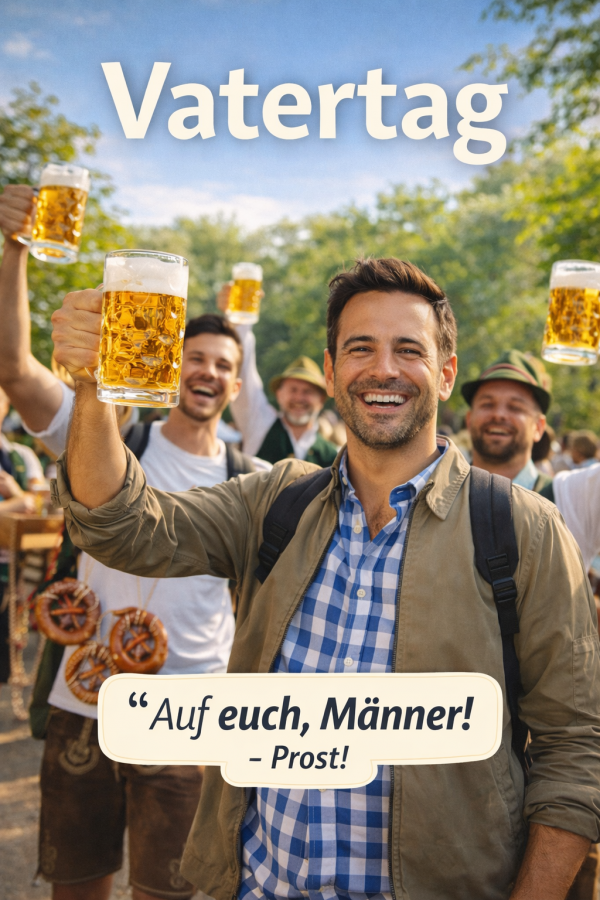 Mehrere Männer feiern Vatertag im Freien, stoßen mit Bierkrügen an und genießen bei sonnigem Wetter eine gesellige Atmosphäre.