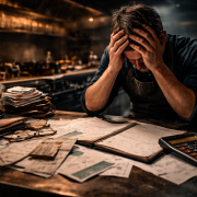 Erschöpfter Gastronom sitzt in einer dunklen Profiküche über Belegen, Notizen und Taschenrechner, die Hände am Kopf, Sinnbild für wirtschaftlichen Druck im Betrieb