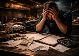 Erschöpfter Gastronom sitzt in einer dunklen Profiküche über Belegen, Notizen und Taschenrechner, die Hände am Kopf, Sinnbild für wirtschaftlichen Druck im Betrieb