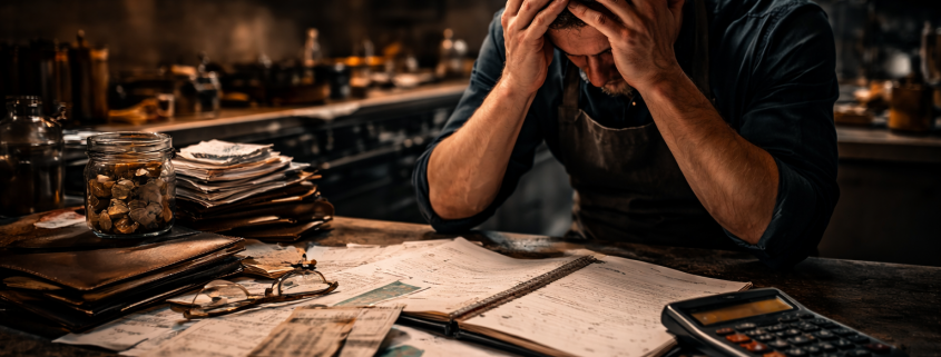 Erschöpfter Gastronom sitzt in einer dunklen Profiküche über Belegen, Notizen und Taschenrechner, die Hände am Kopf, Sinnbild für wirtschaftlichen Druck im Betrieb