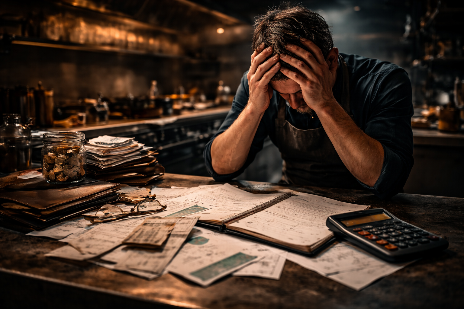 Erschöpfter Gastronom sitzt in einer dunklen Profiküche über Belegen, Notizen und Taschenrechner, die Hände am Kopf, Sinnbild für wirtschaftlichen Druck im Betrieb