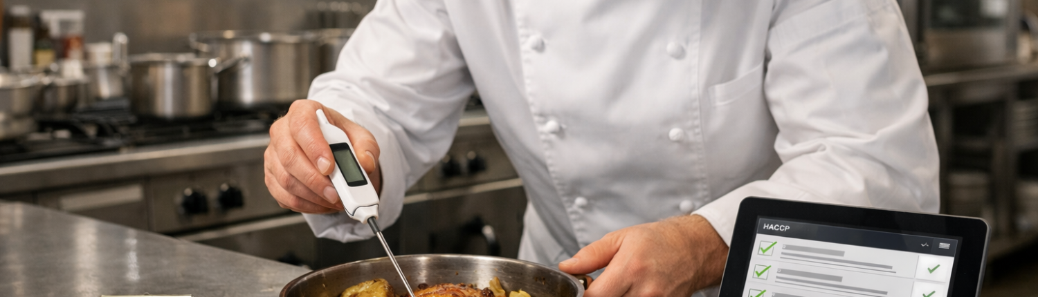 Koch in professioneller Edelstahlküche misst mit digitalem Thermometer die Kerntemperatur eines Gerichts, daneben HACCP-Dokumentation auf Klemmbrett und Tablet.