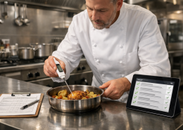 Koch in professioneller Edelstahlküche misst mit digitalem Thermometer die Kerntemperatur eines Gerichts, daneben HACCP-Dokumentation auf Klemmbrett und Tablet.