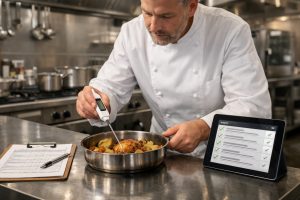 Koch in professioneller Edelstahlküche misst mit digitalem Thermometer die Kerntemperatur eines Gerichts, daneben HACCP-Dokumentation auf Klemmbrett und Tablet.