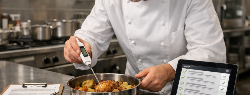 Koch in professioneller Edelstahlküche misst mit digitalem Thermometer die Kerntemperatur eines Gerichts, daneben HACCP-Dokumentation auf Klemmbrett und Tablet.