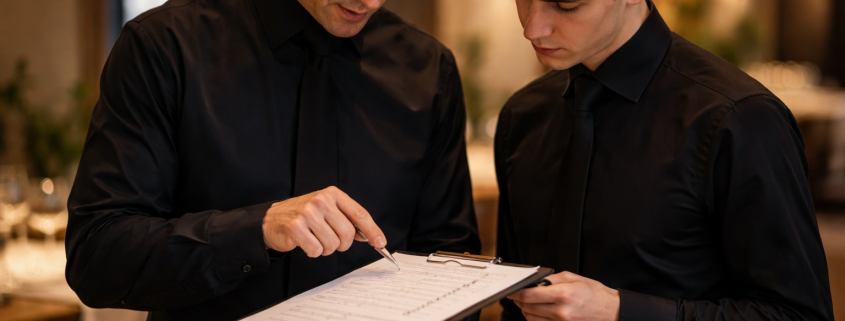 Zwei Kellner in schwarzen Uniformen stehen in einem Restaurant. Der Erfahrene zeigt auf eine Zeile einer Checkliste auf einem Klemmbrett, der neue Mitarbeiter schaut aufmerksam zu; die Tische im Hintergrund sind weich beleuchtet.