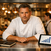 Ein professioneller Küchenchef mittleren Alters steht am Pass einer Restaurantküche und blickt ruhig und direkt in die Kamera. Vor ihm liegen ein Notizbuch und ein Tablet mit einfachem Balkendiagramm, im Hintergrund arbeitet ein unscharfes Serviceteam im warmen Licht.