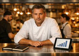 Ein professioneller Küchenchef mittleren Alters steht am Pass einer Restaurantküche und blickt ruhig und direkt in die Kamera. Vor ihm liegen ein Notizbuch und ein Tablet mit einfachem Balkendiagramm, im Hintergrund arbeitet ein unscharfes Serviceteam im warmen Licht.