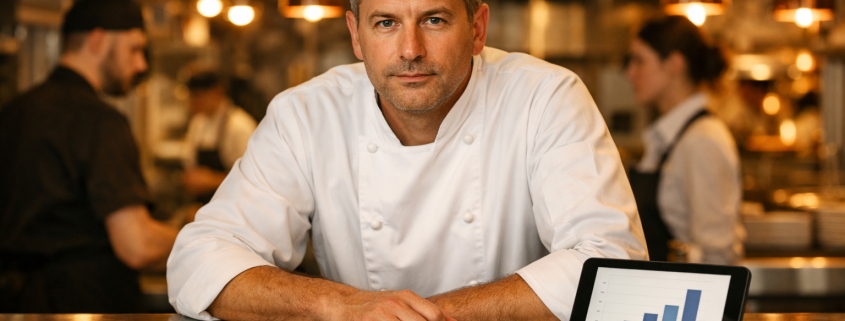 Ein professioneller Küchenchef mittleren Alters steht am Pass einer Restaurantküche und blickt ruhig und direkt in die Kamera. Vor ihm liegen ein Notizbuch und ein Tablet mit einfachem Balkendiagramm, im Hintergrund arbeitet ein unscharfes Serviceteam im warmen Licht.