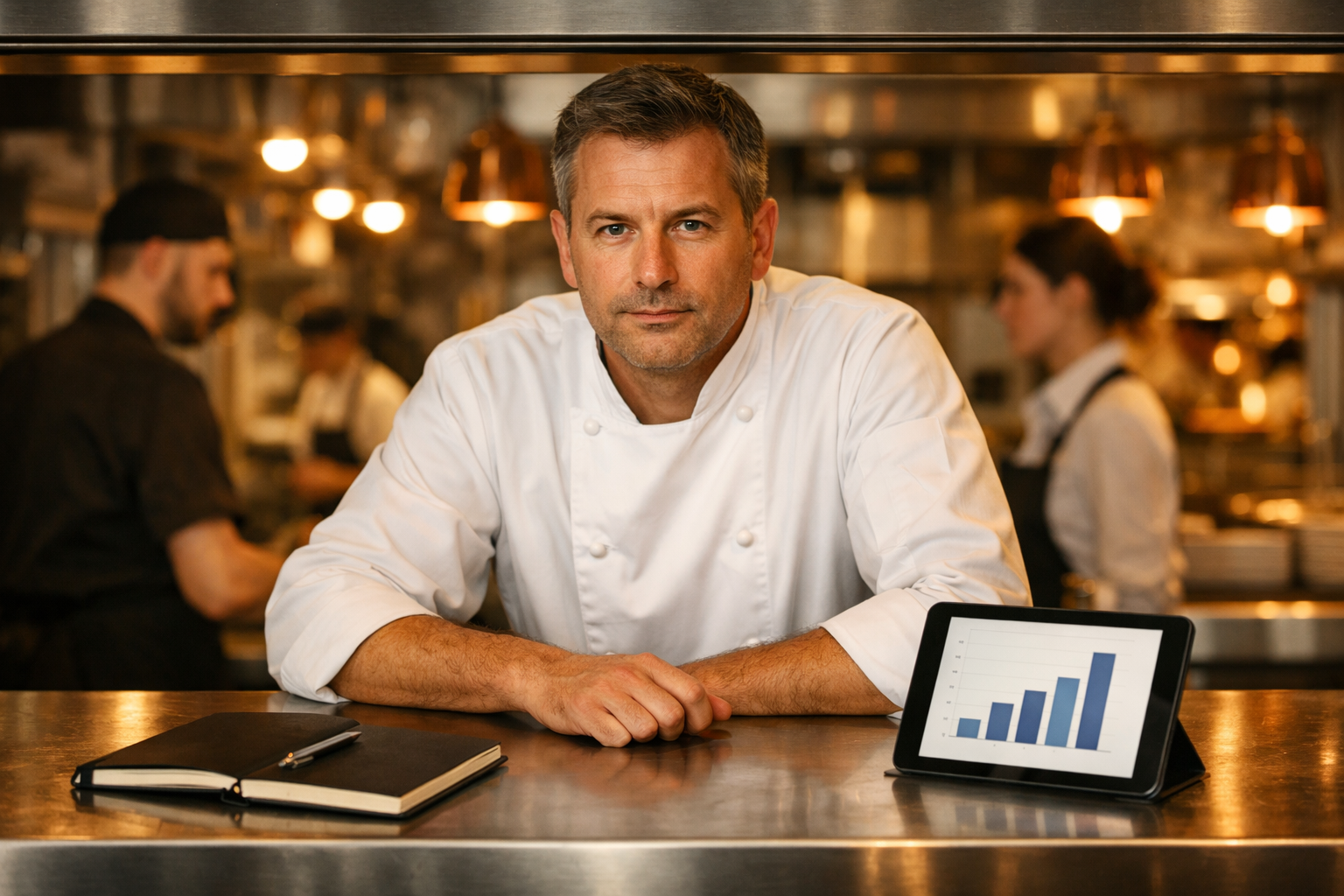 Ein professioneller Küchenchef mittleren Alters steht am Pass einer Restaurantküche und blickt ruhig und direkt in die Kamera. Vor ihm liegen ein Notizbuch und ein Tablet mit einfachem Balkendiagramm, im Hintergrund arbeitet ein unscharfes Serviceteam im warmen Licht.
