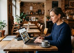 Eine Frau sitzt konzentriert in einem gemütlichen, leeren Restaurant an einem Holztisch und arbeitet an einem offenen Laptop. Neben dem Laptop steht eine Tasse Kaffee.
