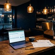 Ein aufgeklappter Laptop auf einem hölzernen Bartresen in einem gemütlichen, modernen Café mit dunklen Wänden und Hängelampen. Auf dem Bildschirm ist ein komplexer Business-Plan mit Tabellen und einem Diagramm zu sehen. Daneben liegen eine Kaffeetasse, gedruckte Unterlagen und ein Stift. Im Hintergrund steht eine Espressomaschine, dahinter sind Verkaufsregale und ein Fenster zur Straße.