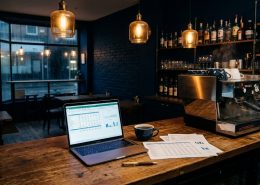 Ein aufgeklappter Laptop auf einem hölzernen Bartresen in einem gemütlichen, modernen Café mit dunklen Wänden und Hängelampen. Auf dem Bildschirm ist ein komplexer Business-Plan mit Tabellen und einem Diagramm zu sehen. Daneben liegen eine Kaffeetasse, gedruckte Unterlagen und ein Stift. Im Hintergrund steht eine Espressomaschine, dahinter sind Verkaufsregale und ein Fenster zur Straße.
