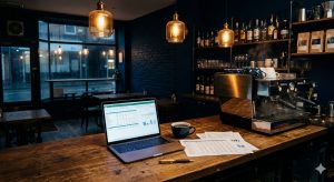 Ein aufgeklappter Laptop auf einem hölzernen Bartresen in einem gemütlichen, modernen Café mit dunklen Wänden und Hängelampen. Auf dem Bildschirm ist ein komplexer Business-Plan mit Tabellen und einem Diagramm zu sehen. Daneben liegen eine Kaffeetasse, gedruckte Unterlagen und ein Stift. Im Hintergrund steht eine Espressomaschine, dahinter sind Verkaufsregale und ein Fenster zur Straße.