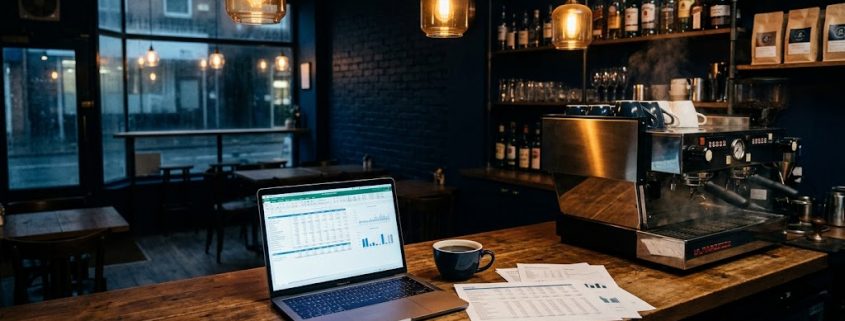 Ein aufgeklappter Laptop auf einem hölzernen Bartresen in einem gemütlichen, modernen Café mit dunklen Wänden und Hängelampen. Auf dem Bildschirm ist ein komplexer Business-Plan mit Tabellen und einem Diagramm zu sehen. Daneben liegen eine Kaffeetasse, gedruckte Unterlagen und ein Stift. Im Hintergrund steht eine Espressomaschine, dahinter sind Verkaufsregale und ein Fenster zur Straße.