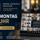 Werbebild für die Hospitality Business School mit dem Hinweis „Jeden Montag 10:00 Uhr“, einer Online-Konferenz auf einem Laptop, über 300 Teilnehmern und einem Call-to-Action zur Anmeldung über die Webseite.