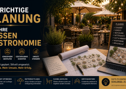 Blogbild zur Planung von Außengastronomie mit Restaurantterrasse, Sonnenschirmen, Lichterketten, Grundrissen, Checkliste und Laptop als Symbol für strategische Außenflächenplanung in der Gastronomie.