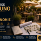 Blogbild zur Planung von Außengastronomie mit Restaurantterrasse, Sonnenschirmen, Lichterketten, Grundrissen, Checkliste und Laptop als Symbol für strategische Außenflächenplanung in der Gastronomie.