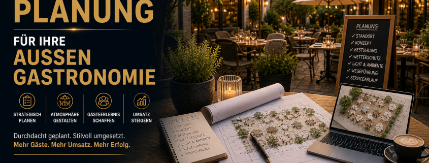 Blogbild zur Planung von Außengastronomie mit Restaurantterrasse, Sonnenschirmen, Lichterketten, Grundrissen, Checkliste und Laptop als Symbol für strategische Außenflächenplanung in der Gastronomie.