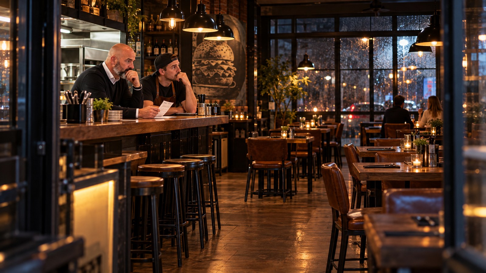 René Kaplick sitzt mit dem Betreiber eines fast leeren Burgerrestaurants an einem regnerischen Dienstagabend an der Theke und schaut auf einen Kassenausdruck