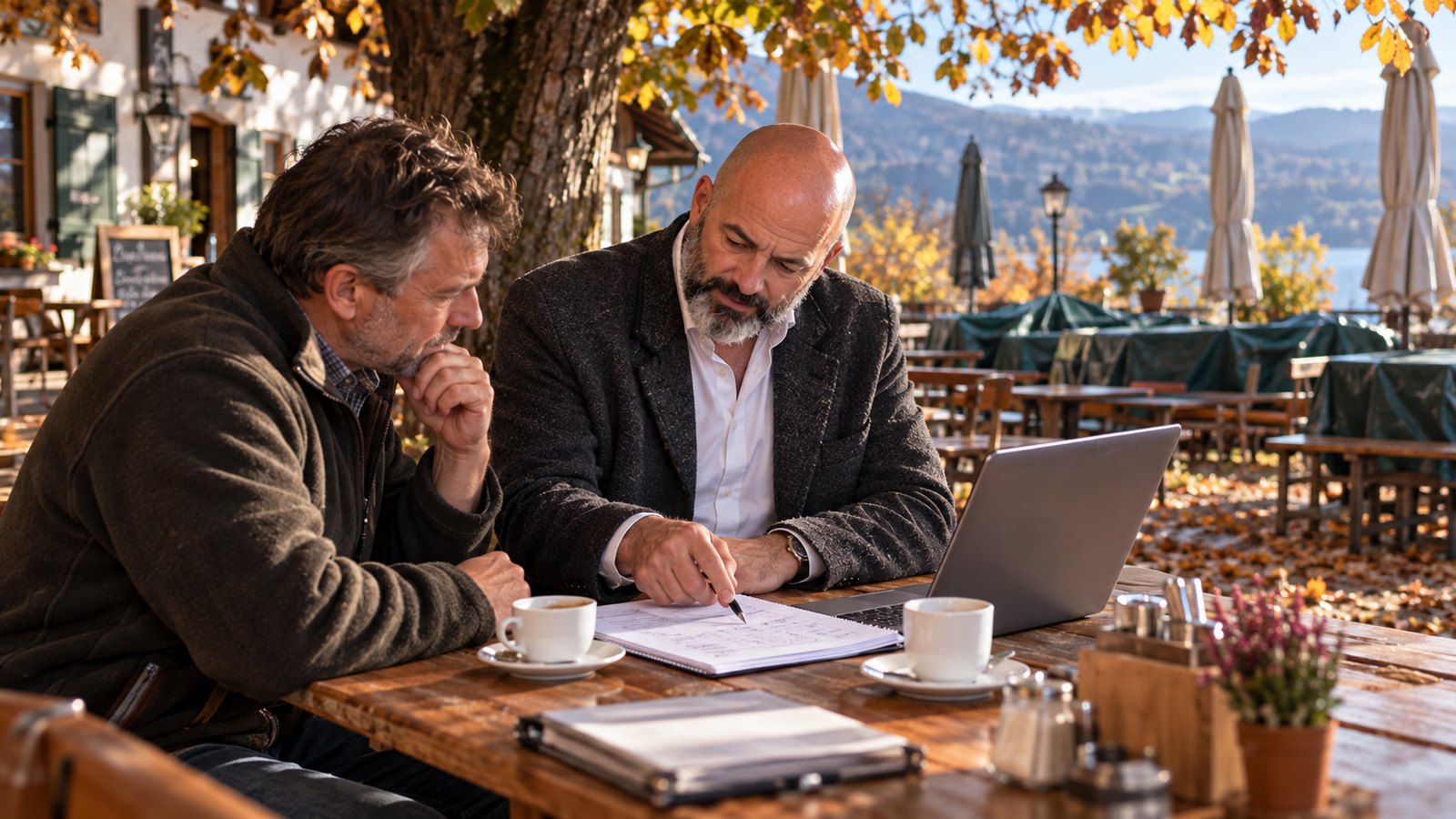 René Kaplick rechnet mit einem Wirt im herbstlichen Biergarten eines Ausflugslokals auf einem Notizblock aus, wie viele zusätzliche Gäste eine Aktion braucht