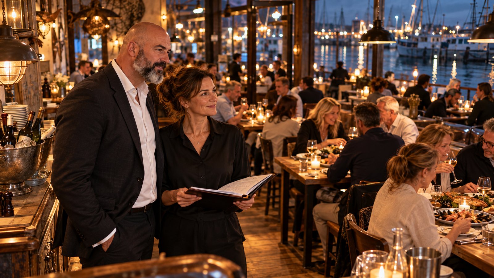 René Kaplick und die Inhaberin eines Fischrestaurants am Hafen blicken an einem Mittwochabend in den voll besetzten Gastraum