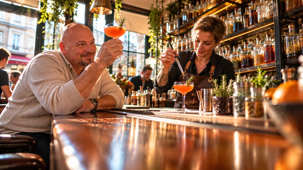 René Kaplick prüft an einer Bar einen alkoholfreien Cocktail im Coupé-Glas, die Barkeeperin vollendet mit einer Pipette den nächsten Drink