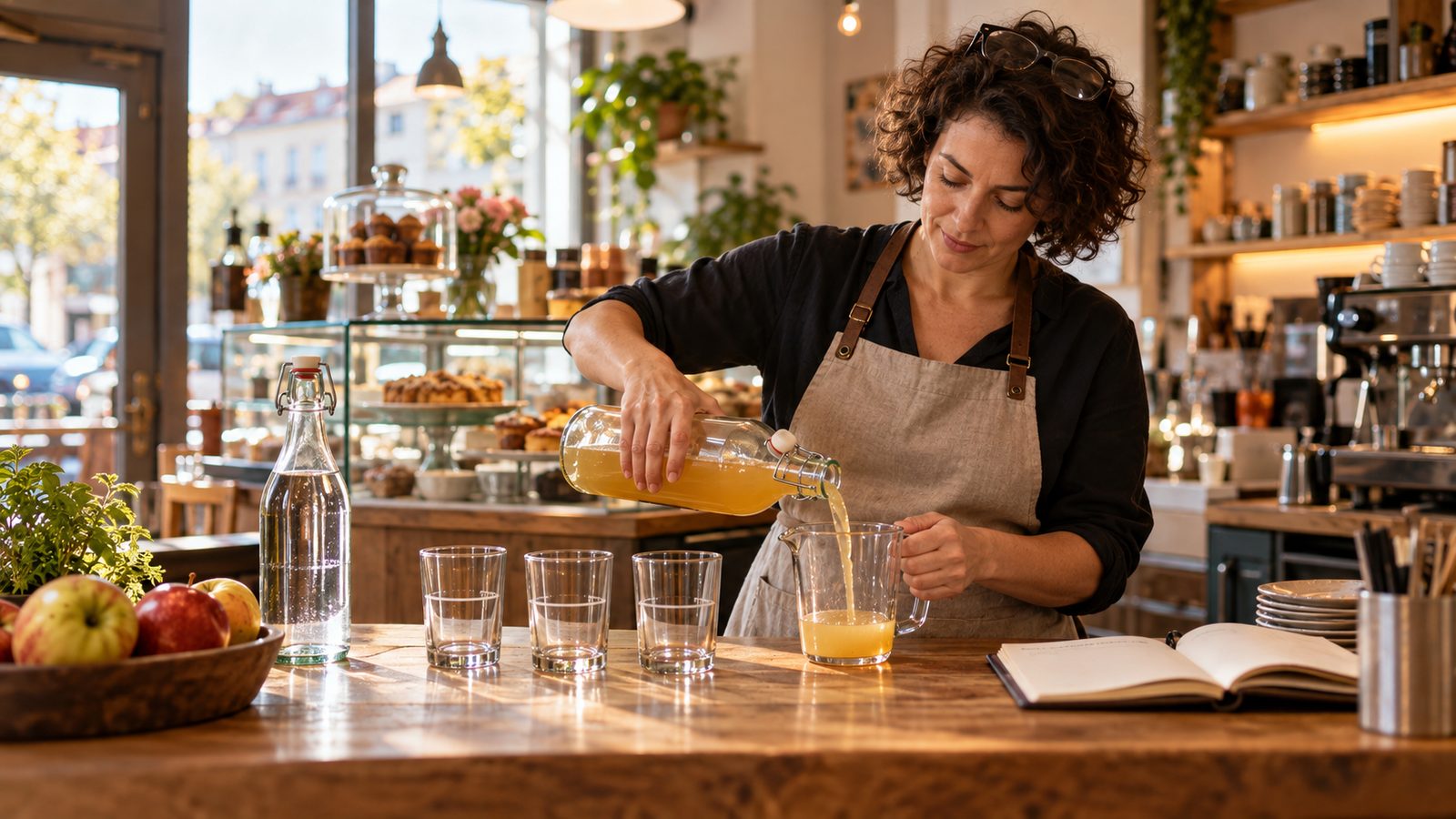 Café-Inhaberin gießt Apfelsaft in einen Messbecher, davor drei leere Gläser und eine Flasche Wasser