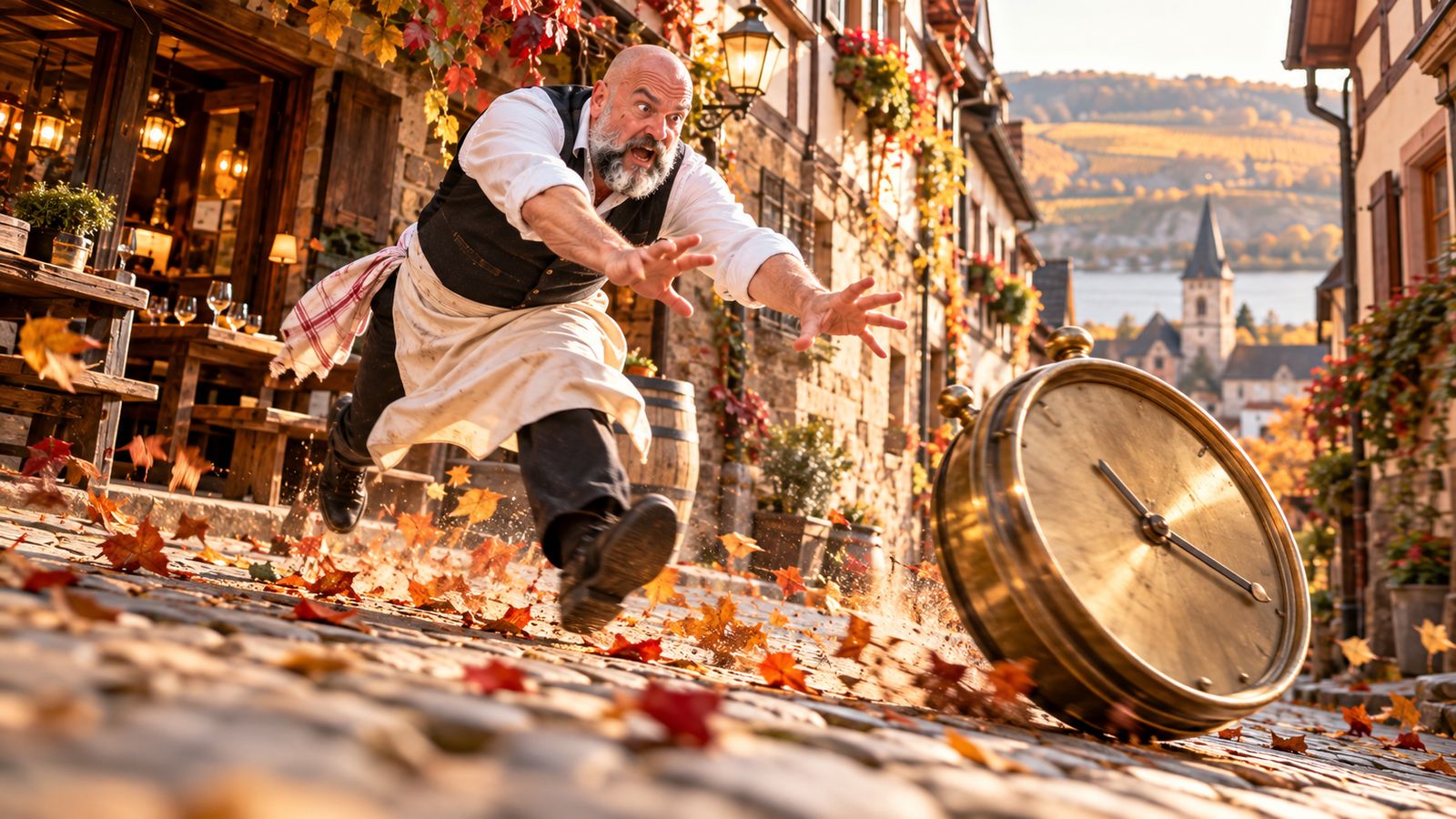 René Kaplick rennt in einer herbstlichen Weinort-Gasse einer davonrollenden großen Messinguhr hinterher
