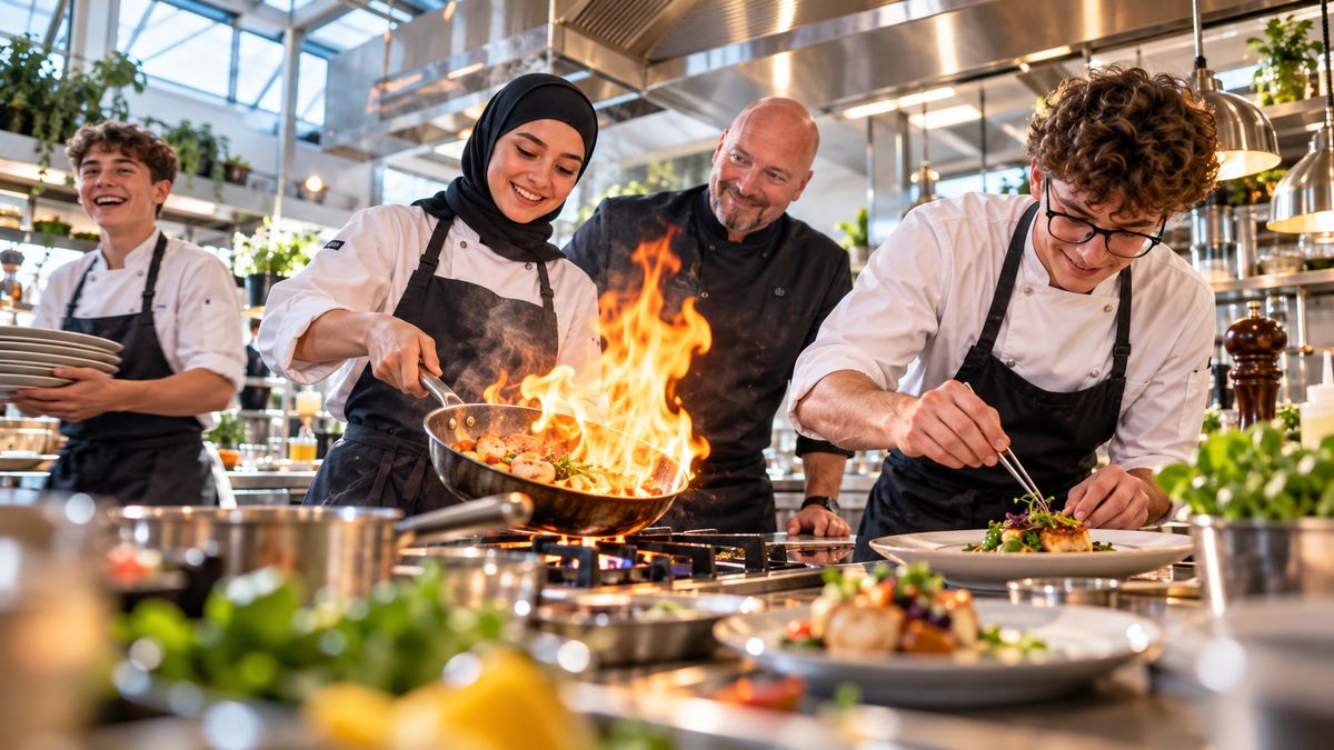 Ausbildung Gastronomie: Auszubildende flambieren und richten in einer hellen Lehrküche an, ihr Ausbilder schaut anerkennend zu