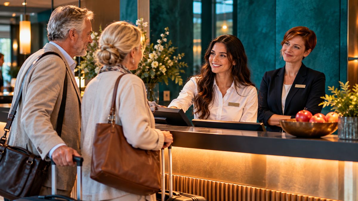 Auszubildende Hotelfachfrau begrüßt an der Rezeption eines Stadthotels ein älteres Gästepaar, ihre Ausbilderin steht stolz daneben