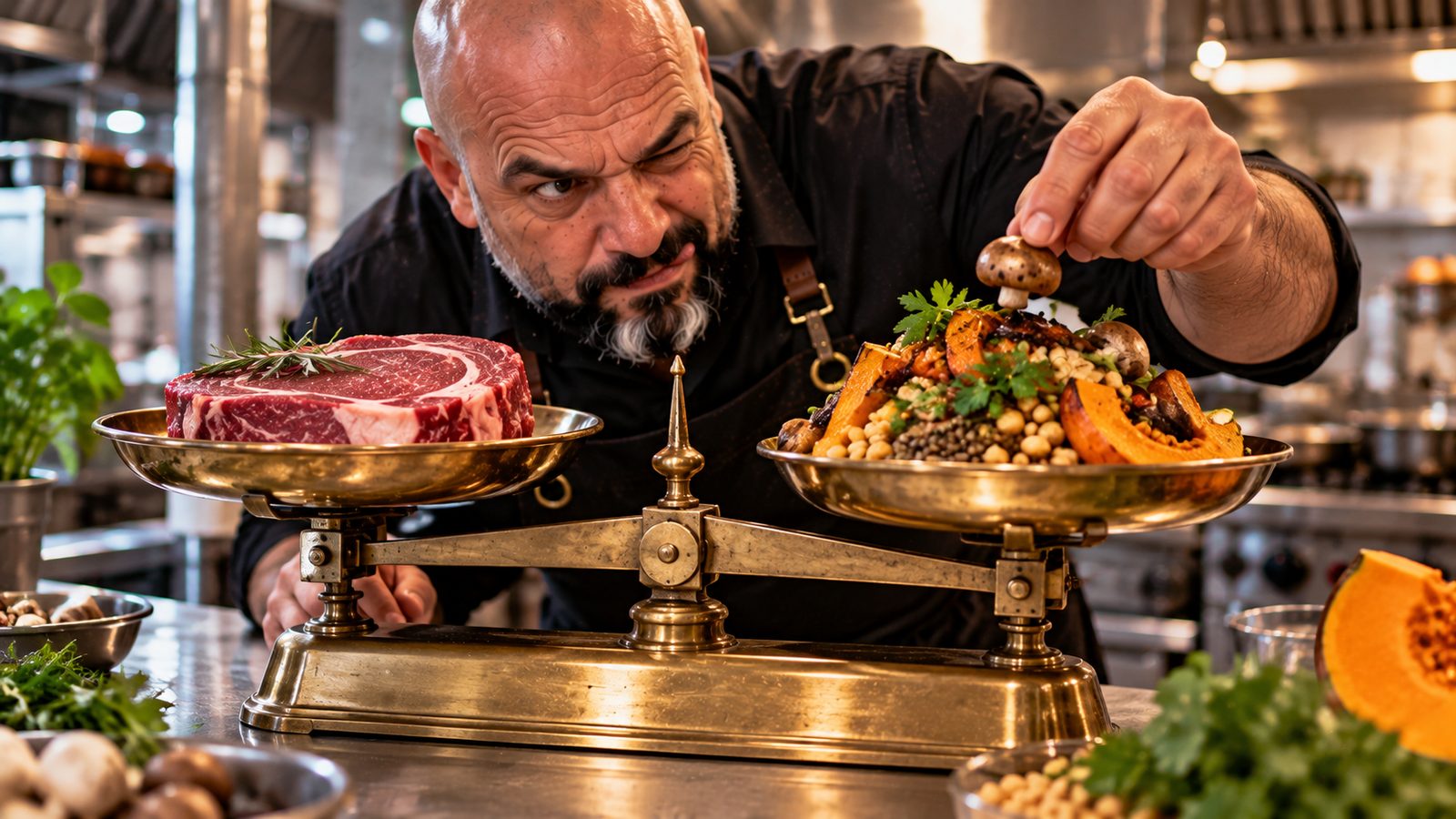 René Kaplick legt einen Pilz auf eine Balkenwaage, auf der einen Seite liegt ein Steak, auf der anderen ein Berg aus Gemüse, Linsen und Kichererbsen
