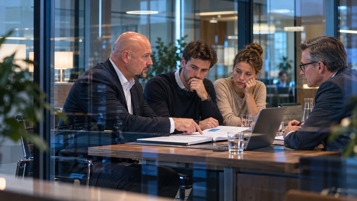 Bankgespräch in einem Glasbüro, Gründer und Bankberater sitzen mit Unterlagen und Laptop am Tisch
