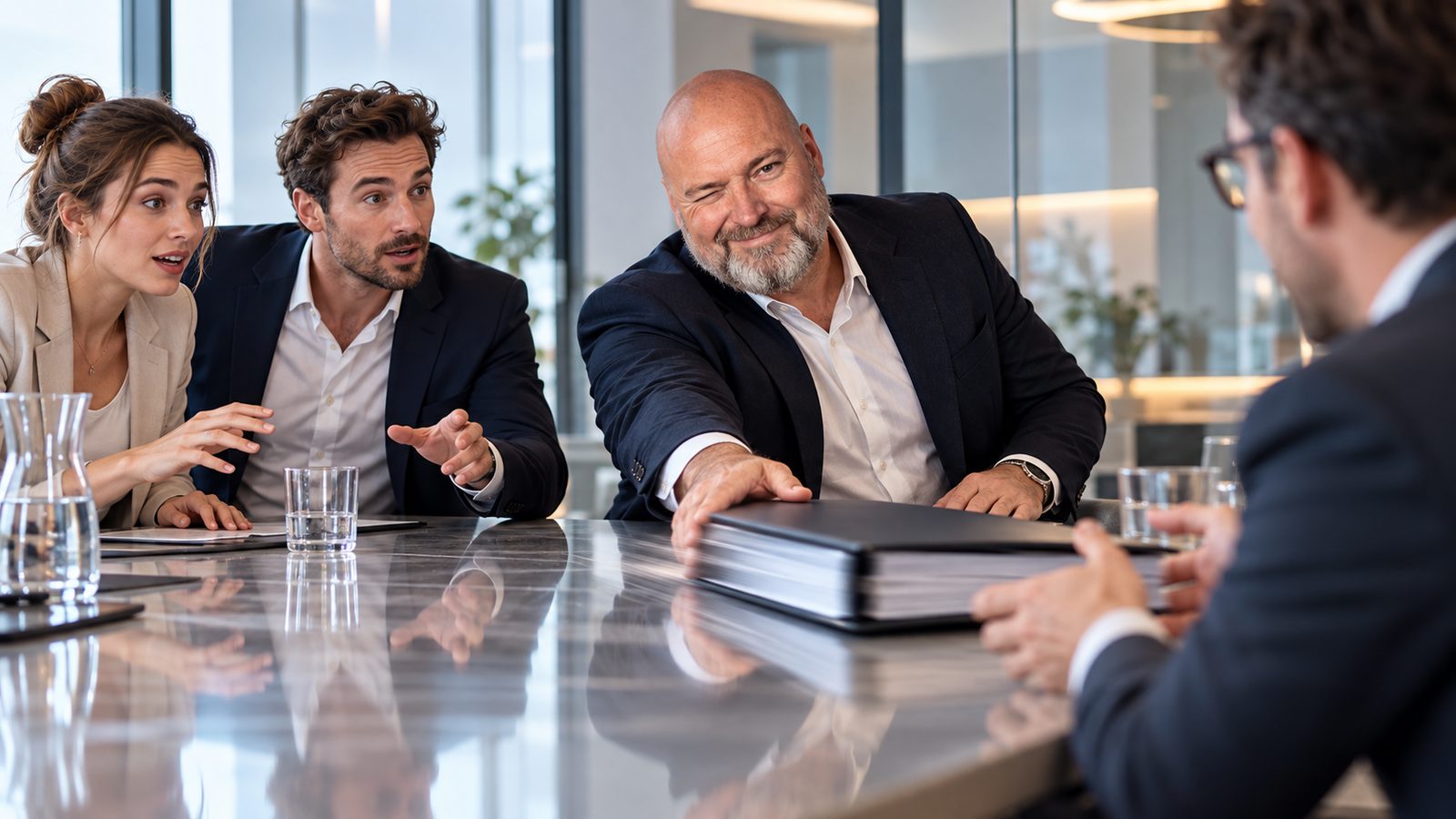 René Kaplick schiebt in einem Bankbesprechungsraum einen dicken Ordner über den Tisch zum Bankberater, ein Gründerpaar schaut gespannt