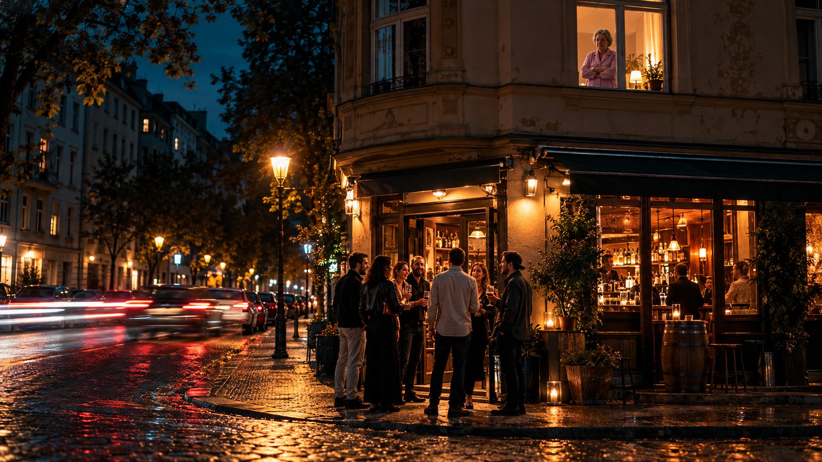 Gäste stehen nachts vor einer Eckbar in einer Wohnstraße, oben schaut eine Anwohnerin mit verschränkten Armen aus dem Fenster