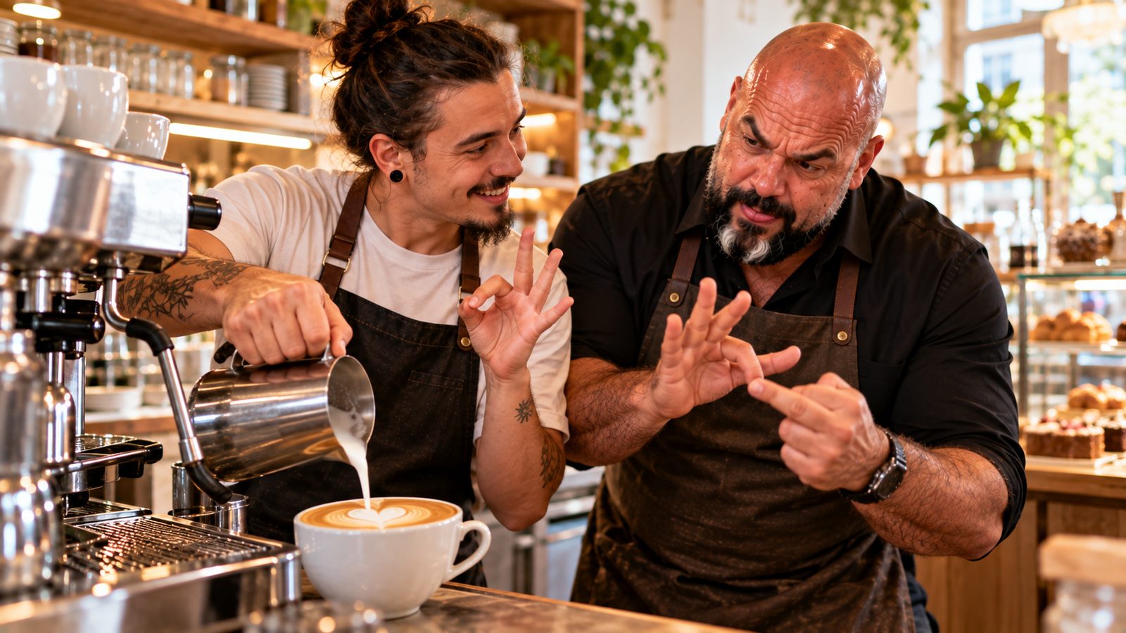 Ein gehörloser Barista gießt Latte Art und zeigt René Kaplick eine Gebärde, René versucht sie konzentriert nachzumachen
