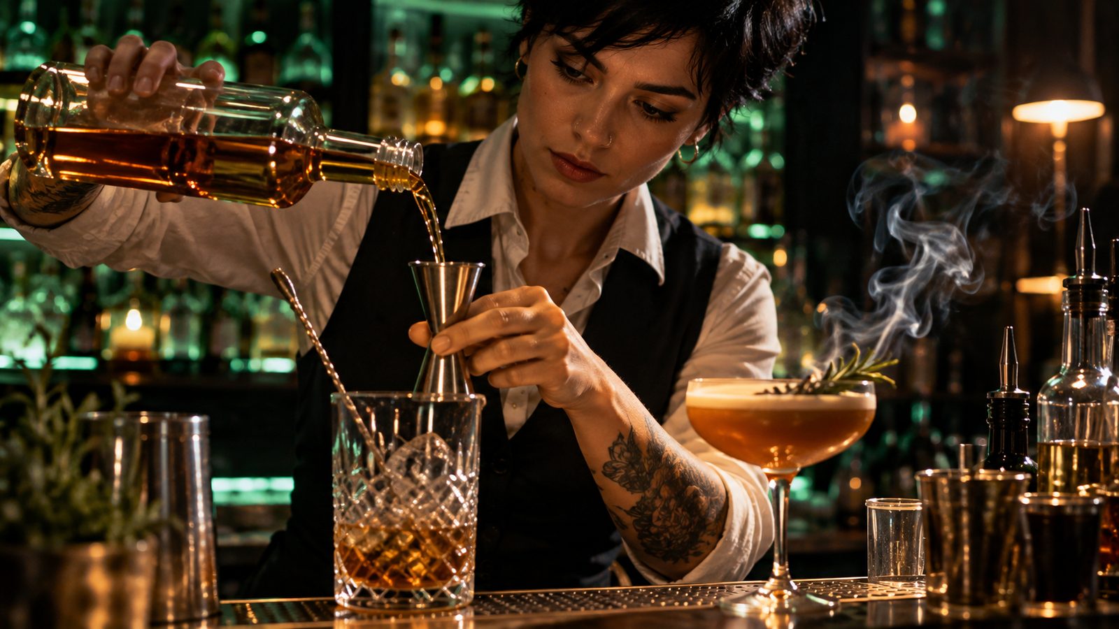 Barkeeperin gießt eine Spirituose exakt in einen Jigger über einem Rührglas, daneben ein geräucherter Cocktail