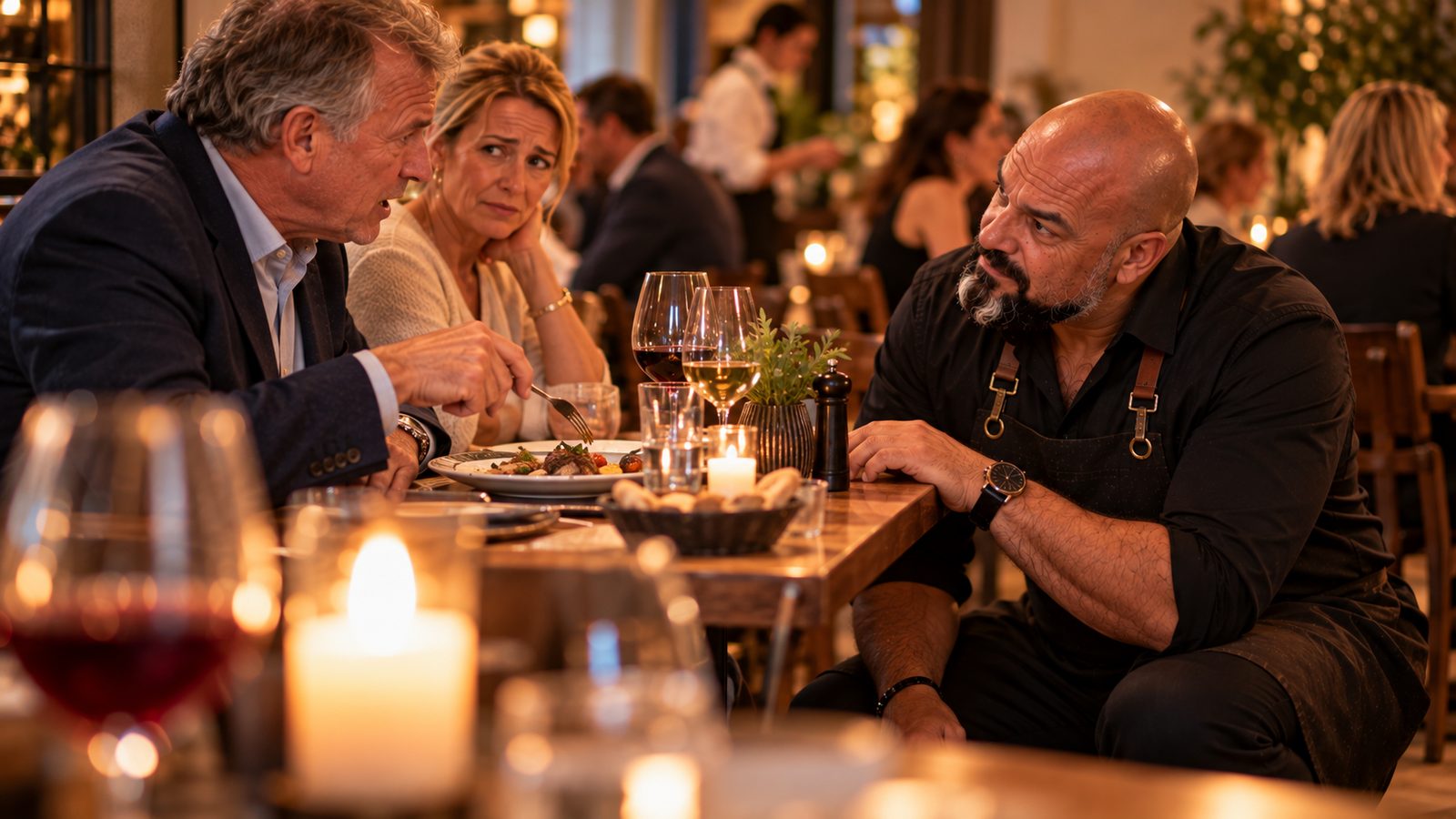 René Kaplick ist neben einem Restauranttisch in die Hocke gegangen und hört einem verärgerten Gast auf Augenhöhe aufmerksam zu