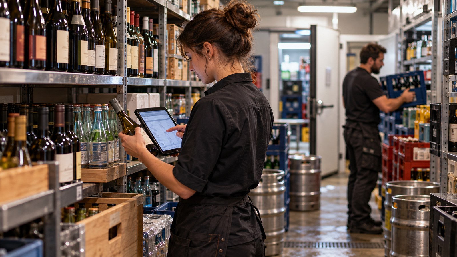 Servicekraft zählt im Getränkelager mit Tablet die Weinflaschen, im Hintergrund prüft ein Kollege Getränkekisten und Fässer