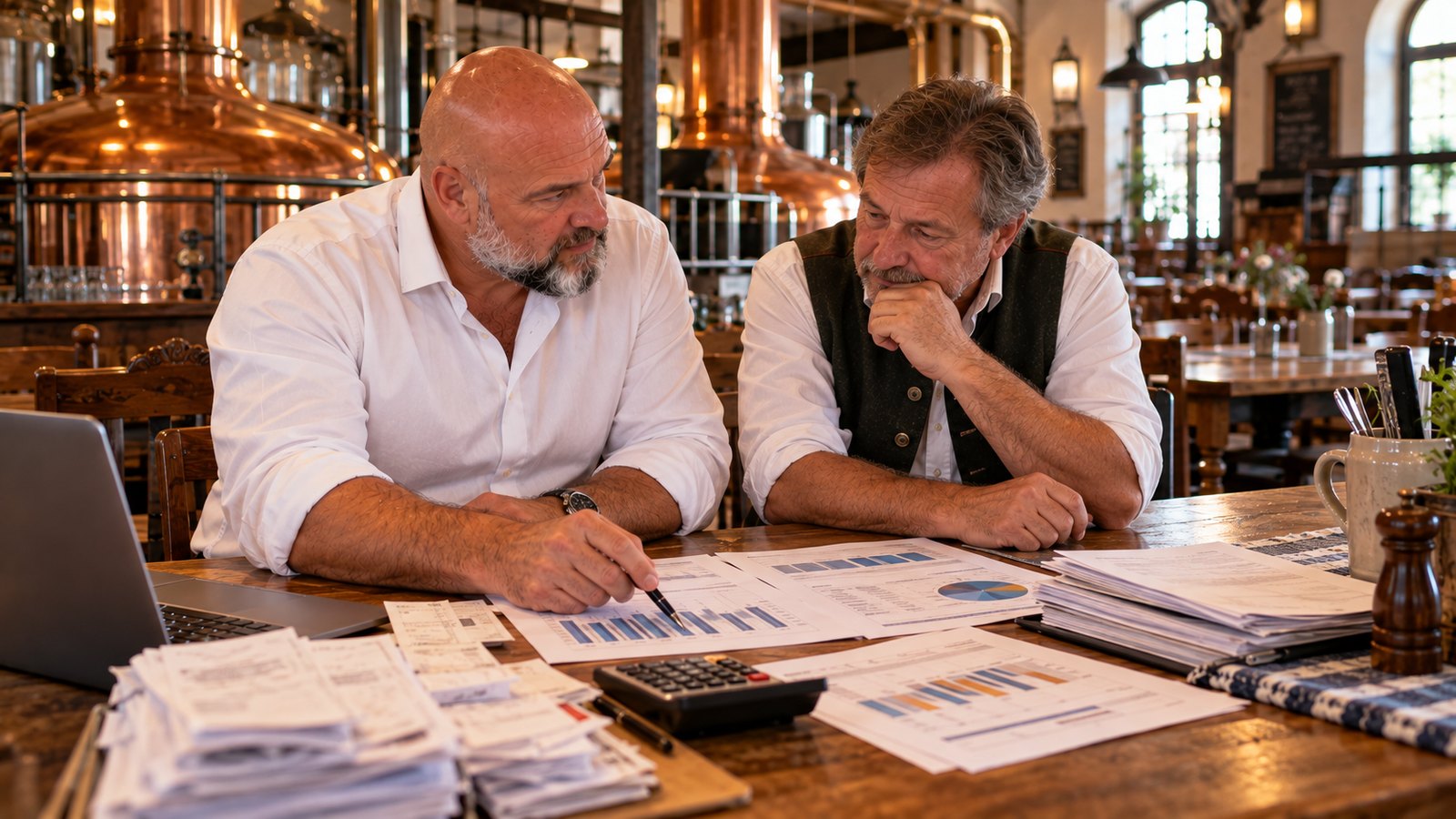 René Kaplick geht in einem Brauhaus mit dem Wirt Ausdrucke mit Wareneinsatzquoten und einen Stapel Einkaufsrechnungen durch