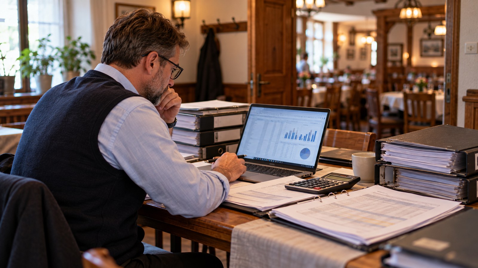 Mann mit Brille sitzt in der Gaststube eines Landgasthofs vor Laptop mit Diagrammen, Ordnern und Taschenrechner und liest Monatszahlen