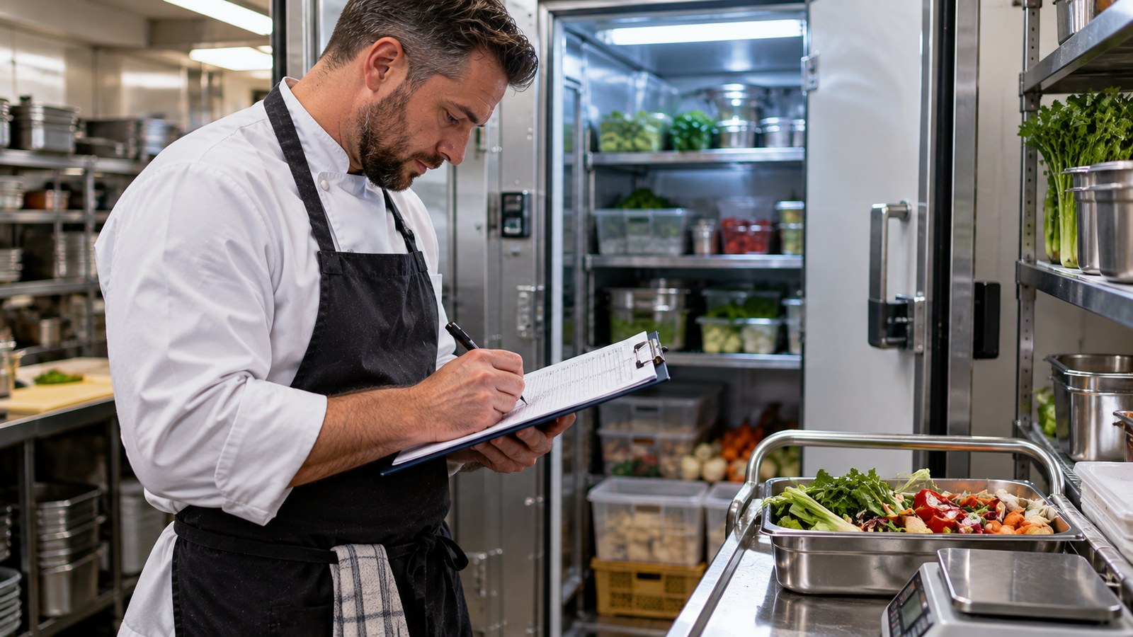 Küchenchef trägt vor dem offenen Kühlhaus aussortiertes Gemüse in eine Verderbliste auf dem Klemmbrett ein, daneben eine Küchenwaage
