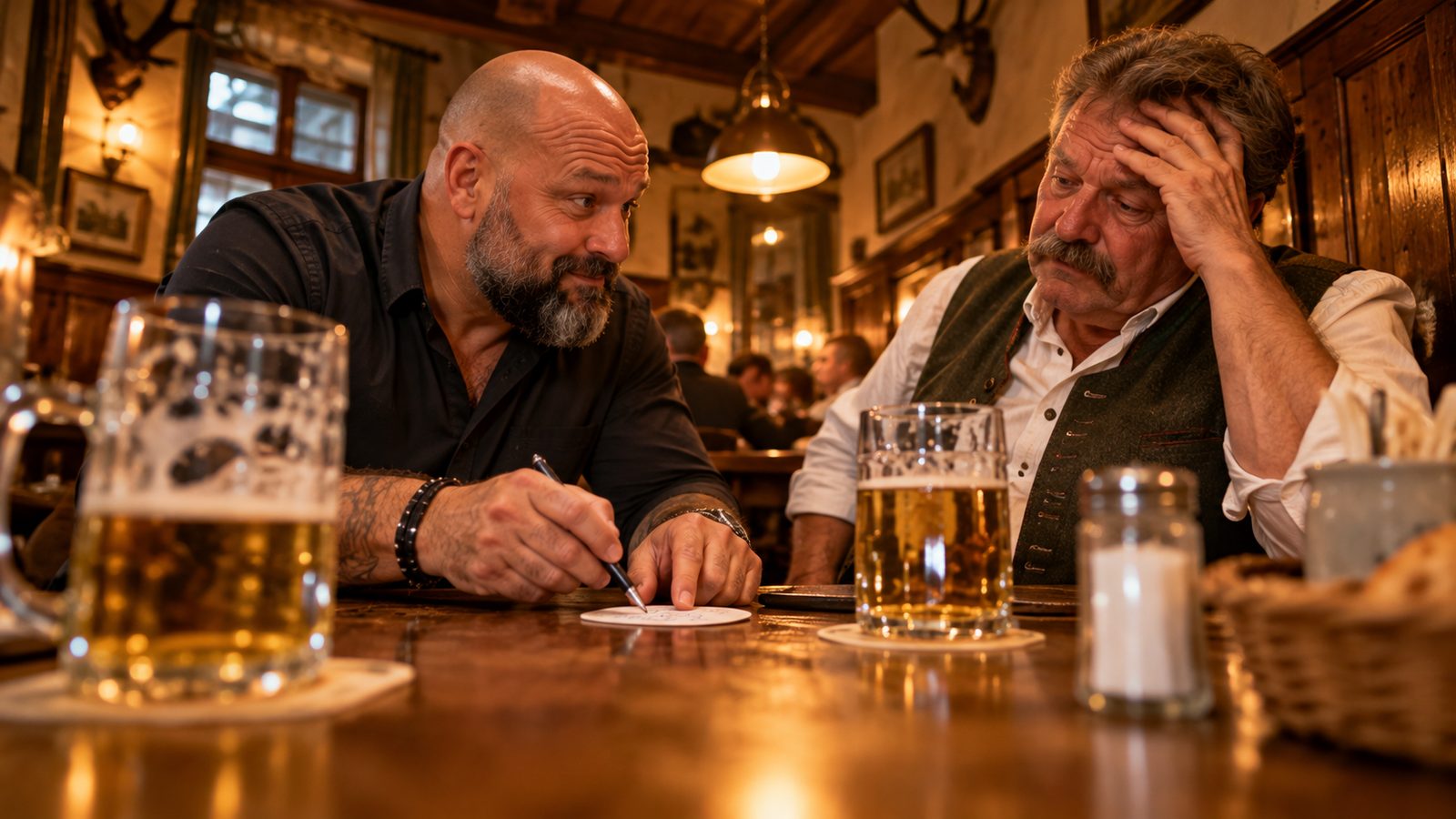 René Kaplick rechnet einem Wirt am Stammtisch auf einem Bierdeckel die Mehrkosten des Mindestlohns vor, der Wirt hält sich die Stirn