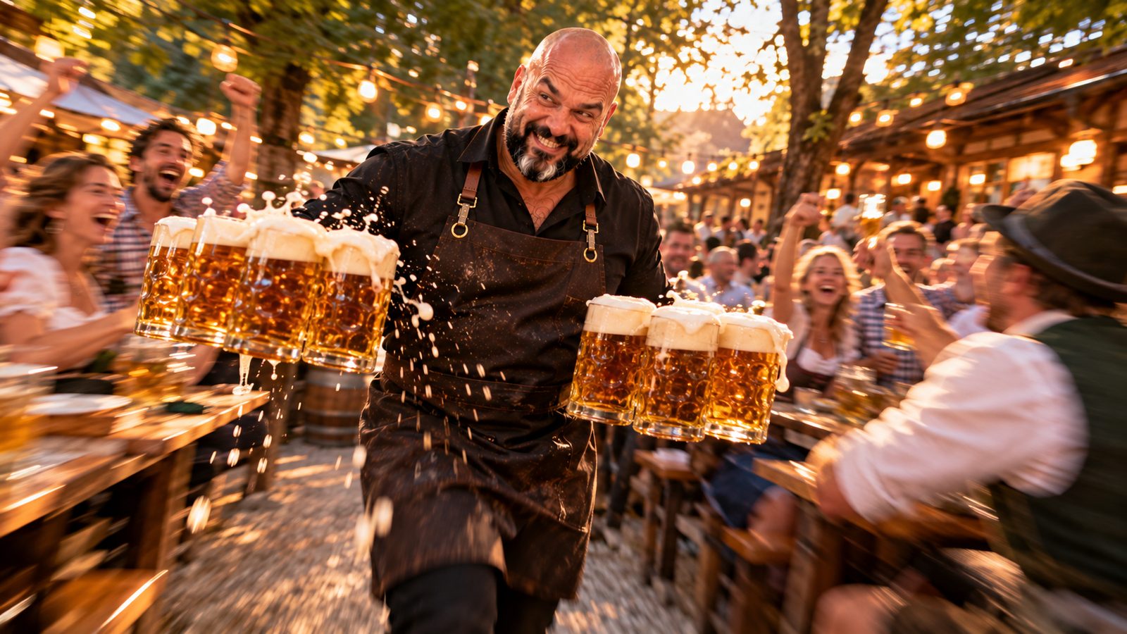 René Kaplick eilt mit acht vollen Maßkrügen durch einen vollen Biergarten, Gäste jubeln, Schaum spritzt
