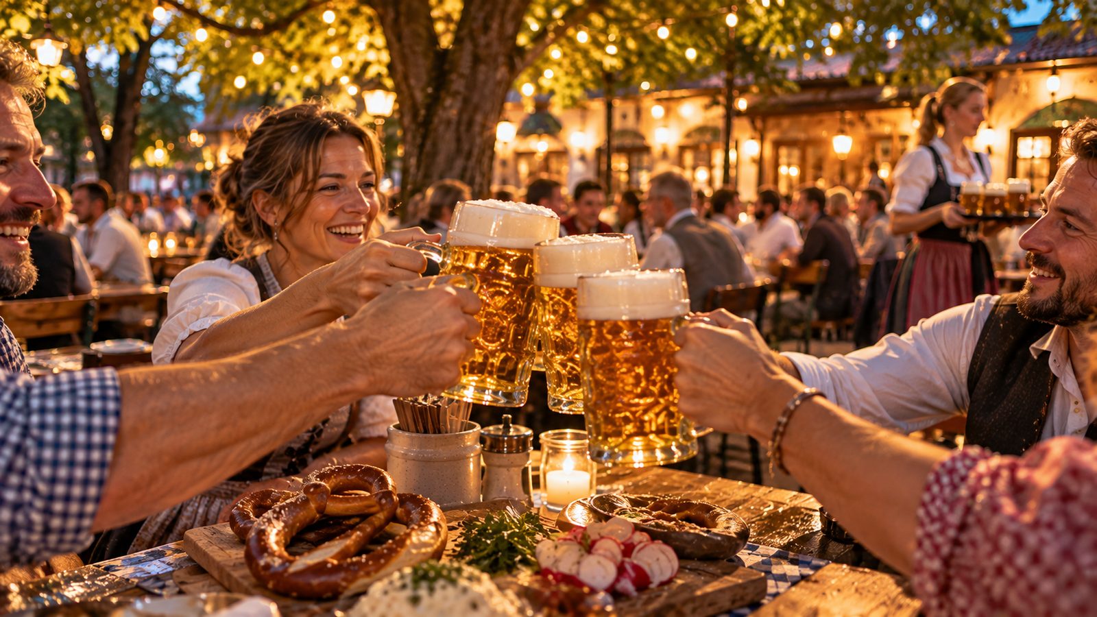 Gäste stoßen am Abend im Biergarten unter Kastanien mit Maßkrügen an, dazu Brezeln und Radi, eine Kellnerin trägt im Hintergrund Krüge