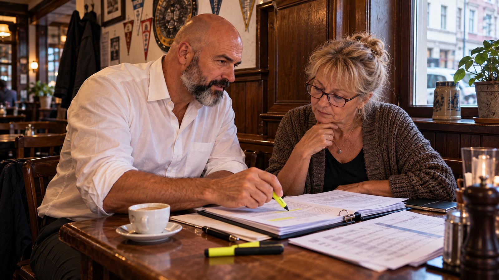 René Kaplick markiert im Hinterzimmer einer Eckkneipe mit Textmarker eine Klausel im Brauereivertrag, die Wirtin hört aufmerksam zu
