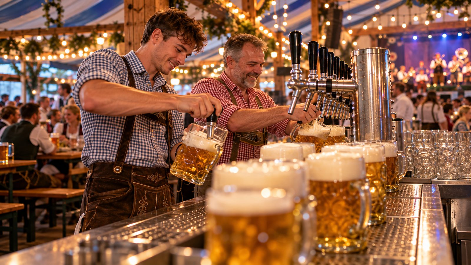 Zwei Schankkräfte in Trachtenhemden zapfen im Festzelt Maßkrüge im Akkord, auf dem Tresen eine Reihe frisch gezapfter Krüge