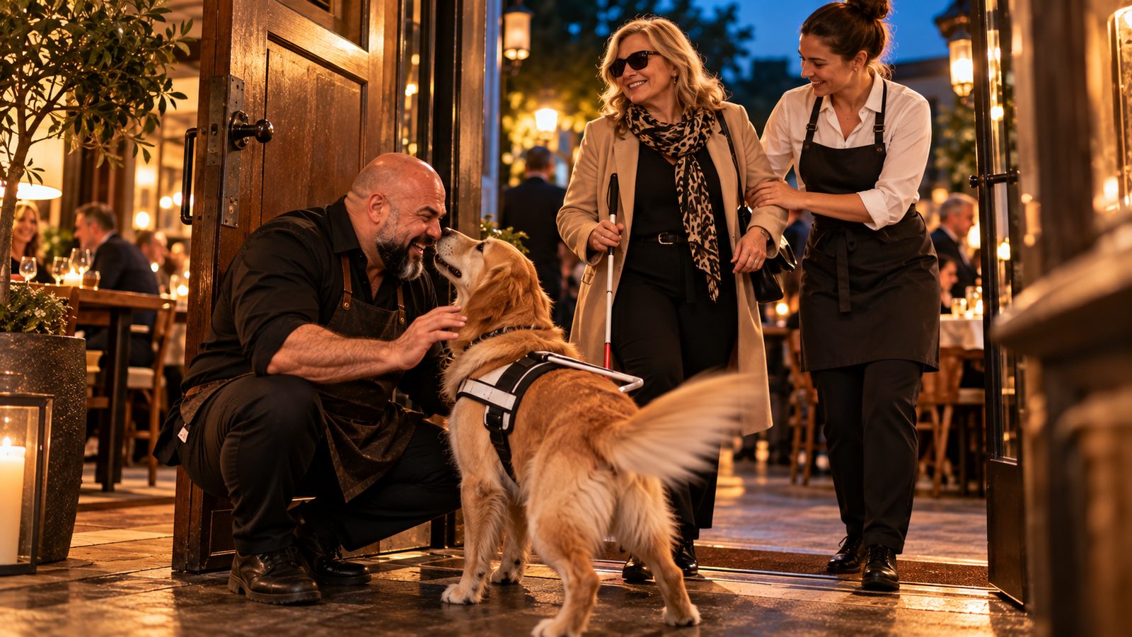 René Kaplick hockt an der Restauranttür bei einem Führhund, eine blinde Frau betritt mit einer Servicekraft das Restaurant